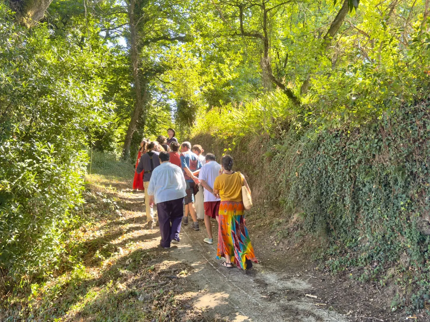 Un grupo camiñando cara a unha igrexa entre árbores